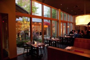 Courtyard before sunset at Seattle's adored Japanese restaurant, Momiji