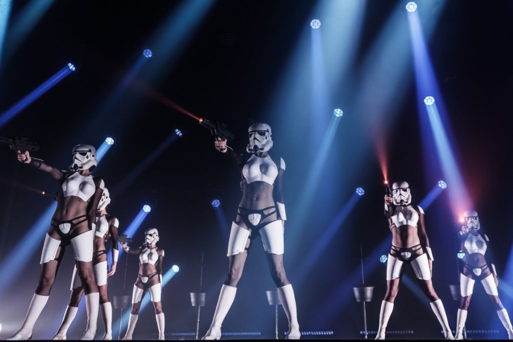 Performers dressed as Stormtroopers dance burlesque